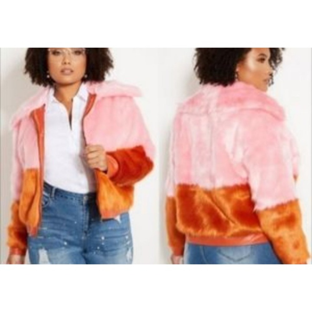 NWT ASHLEY STEWART FAUX FUR JACKET MULTI COLOR Pink Tan Zip Front Nite Out Sz 26